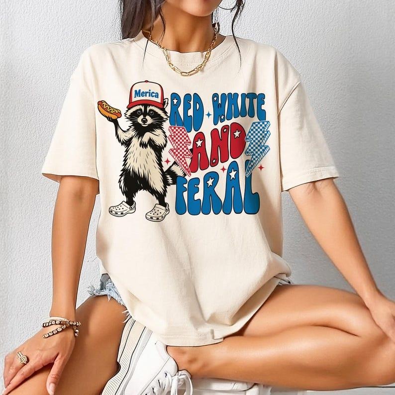 Red White And Feral Shirt, Funny USA TShirt, Funny Raccoon Shirt, 4th Of July Tee, Hotdog Raccoon, Independence Day,...