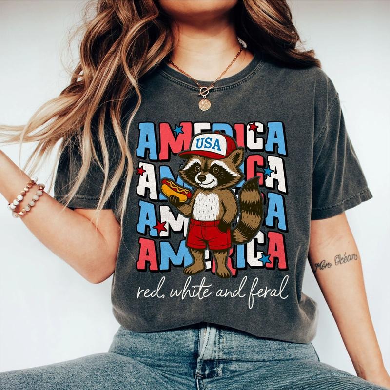 Red White and Blue Tshirt, Retro 4th of July Shirt, Funny Raccoon Shirt, Independence Day Tee for Women, Girly Patriotic...