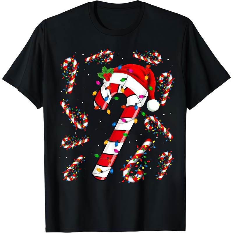 Red and White Cotton Santa Candy Cane Christmas Tee with Humorous Xmas Lights Graphic Hoodie, Sweatshirt | PodTeesHub.com