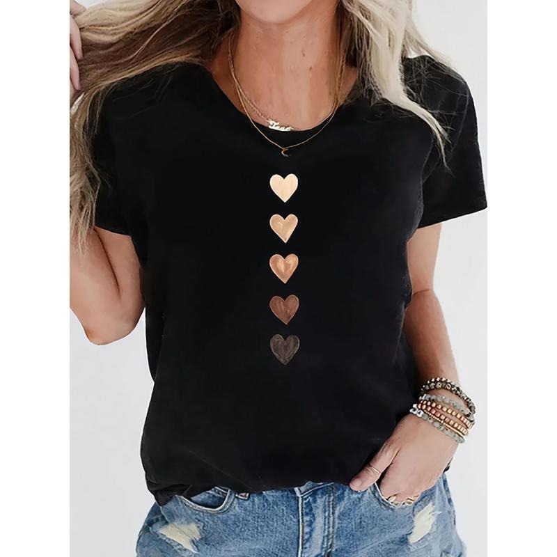 Regular Length Polyester-Spandex Blend Crew Neck T-Shirt with Heart Pattern, Knit Fabric for All Seasons Hoodie, Sweatshirt