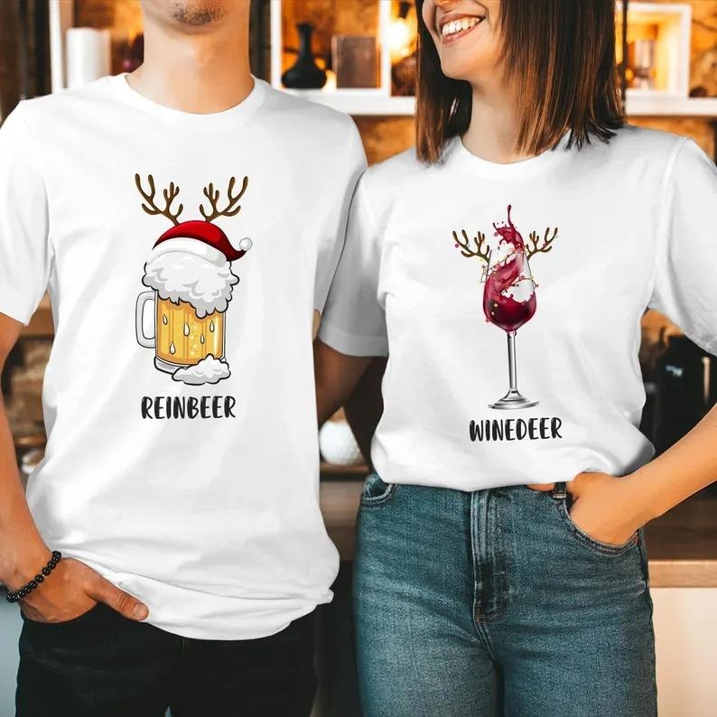 Rein Beer Wine Deer Couple Matching Christmas Sweatshirt - T-shirt