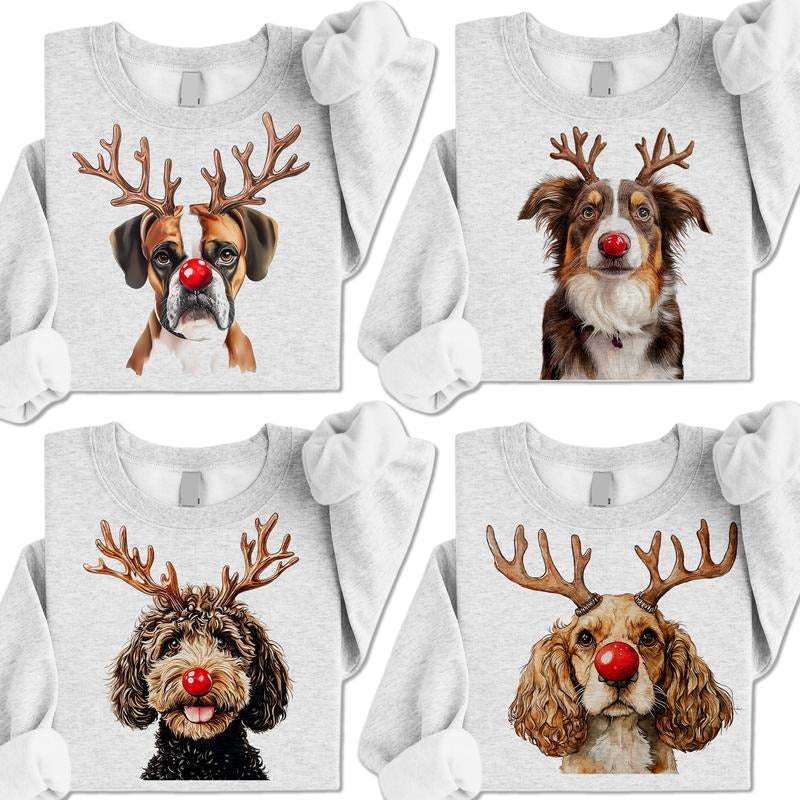 Reindeer Dog Christmas Crewneck - Pick you breed, Print is Sublimation, Unisex Non-Fitted T-Shirt, Dog Lover, Christmas...