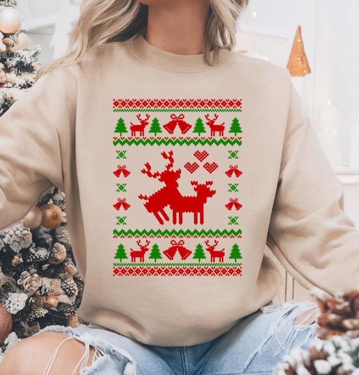 Reindeer and Bells Ugly Adult Humor Christmas Crewneck Sweater T-Shirts, Hoodie, Sweatshirt | PodTeesHub.com