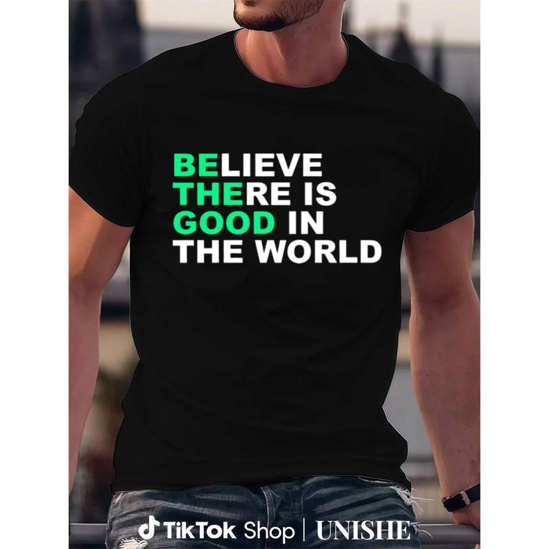 Relaxed Fit Black Tee with Inspirational 'BELIEVE THERE IS GOOD IN THE WORLD' Multi-Line White & Green Text Hoodie,...