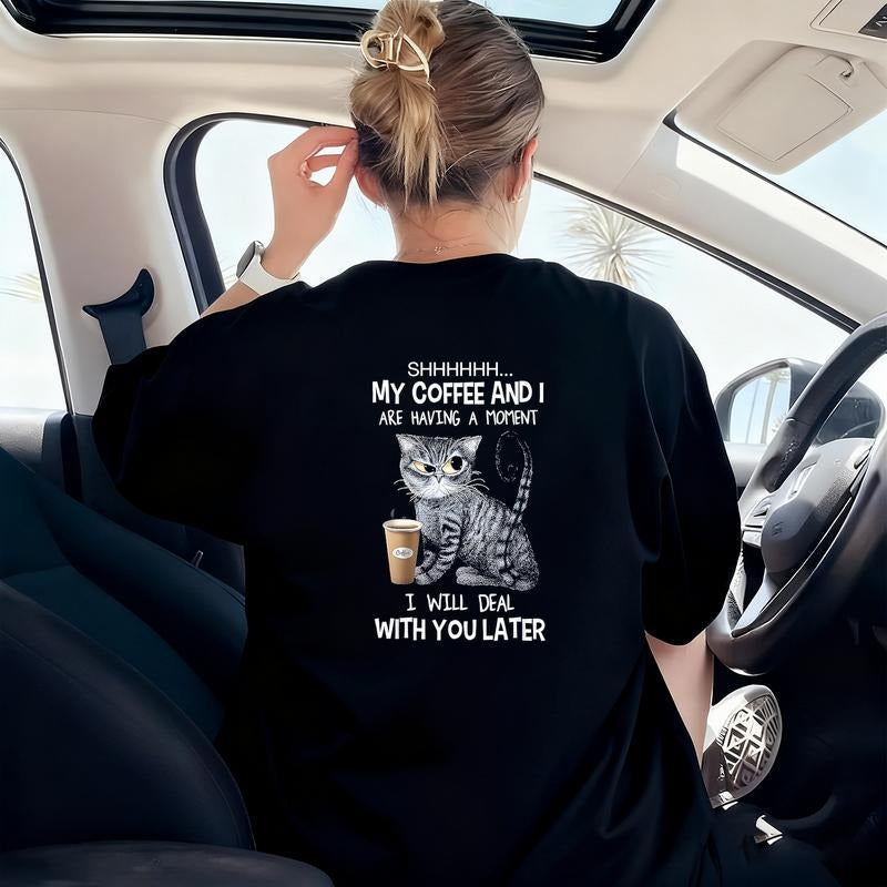 Relaxed fit Cotton T-shirt for men with coffee cat print crew neck short sleeve all season 180Gsm Hoodie, Sweatshirt
