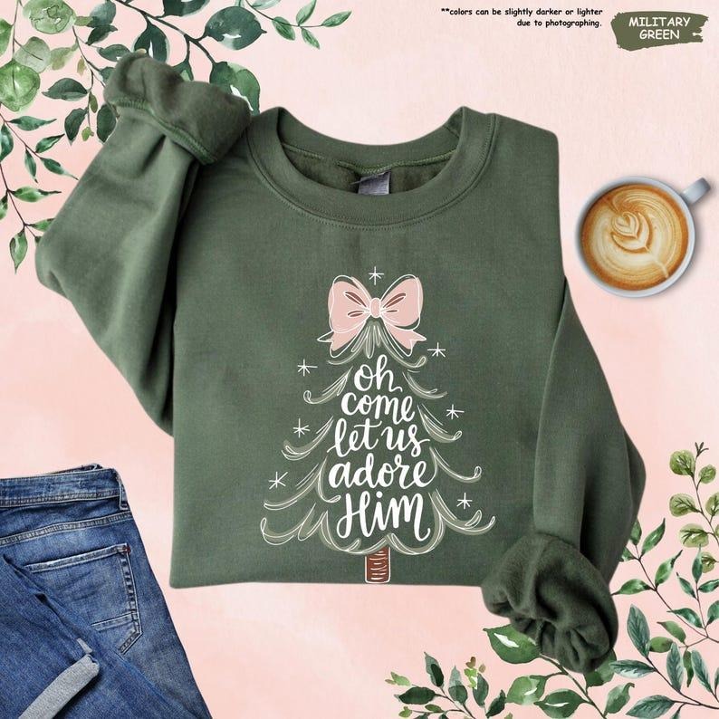 Religious Christmas Sweatshirt, Oh Come Let Us Adore Him Hoodie, Christian Christmas Sweater, Christian Christmas Tree,...