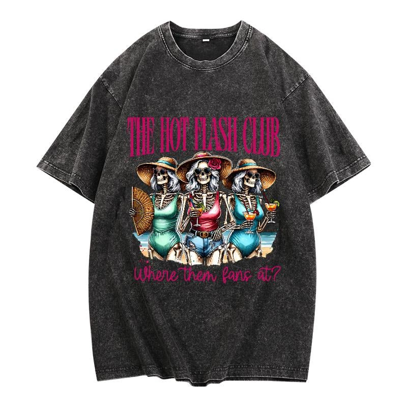 Retro - Washed Women's T - Shirt Featuring a Playful "THE HOT FLASH CLUB" Slogan and Beach