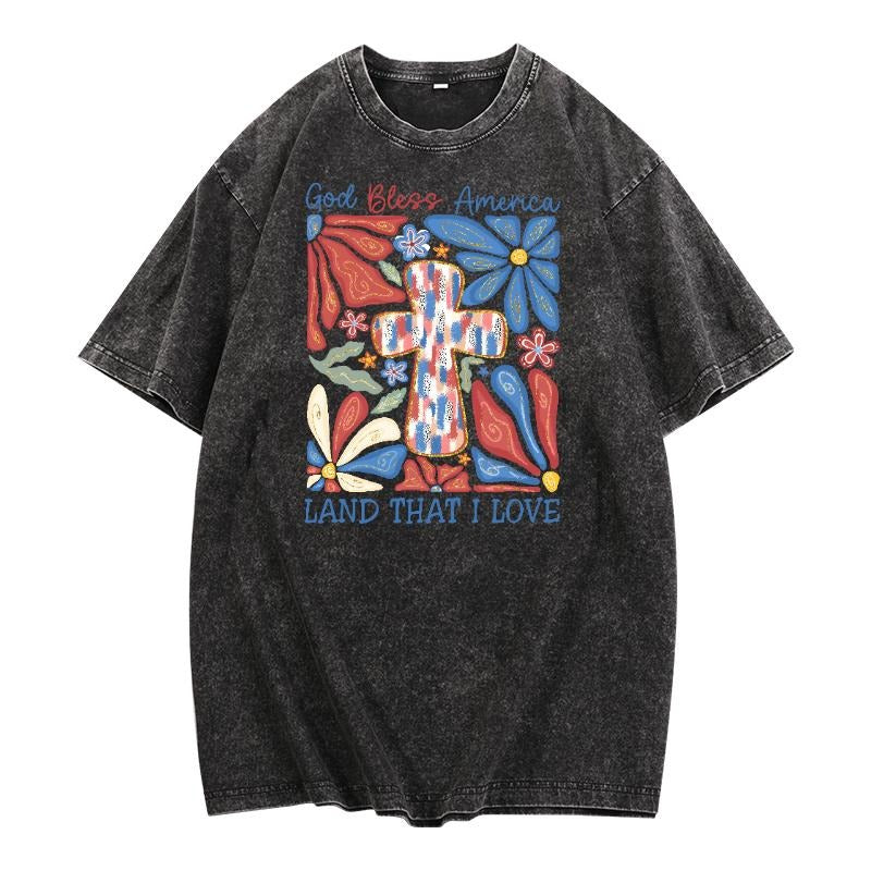 Retro - styled Washed American Love Tee: Rock the "God Bless America, Land That I Love" Motif with a Vintage - inspired...