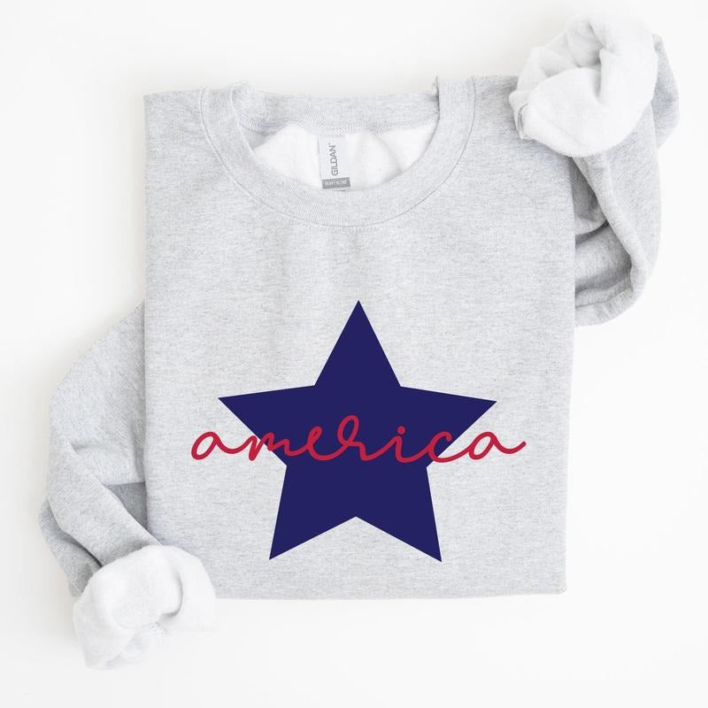 Retro America Star, Red White Blue 4th of July Sweatshirt, Women's Crew Neck, Crewneck T-Shirts, Hoodie | PodTeesHub.com