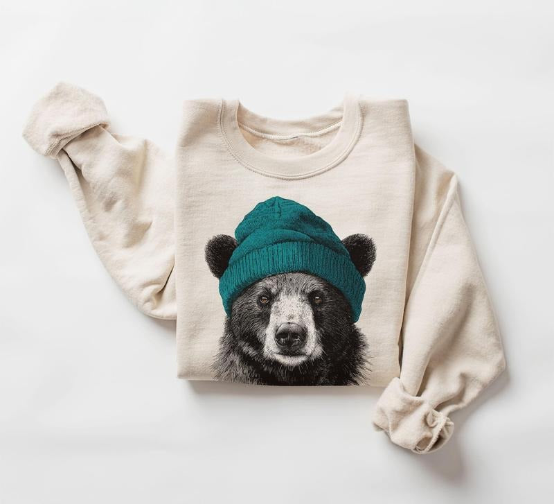 Retro Black Bear Wearing Beanie Vintage Wildlife Unisex Sweatshirt Menswear Top Cotton T-Shirts, Hoodie | PodTeesHub.com