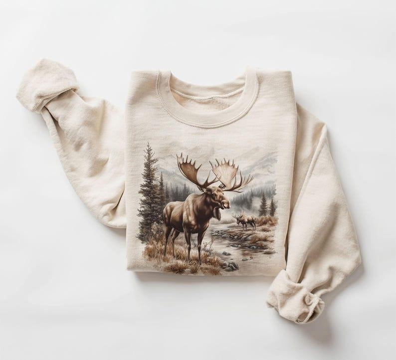 Retro Bull Moose Wilderness Scene Sweatshirt - 90s Moose Wildlife Sweatshirt - Winter Mountain Creek - Unisex Graphic...