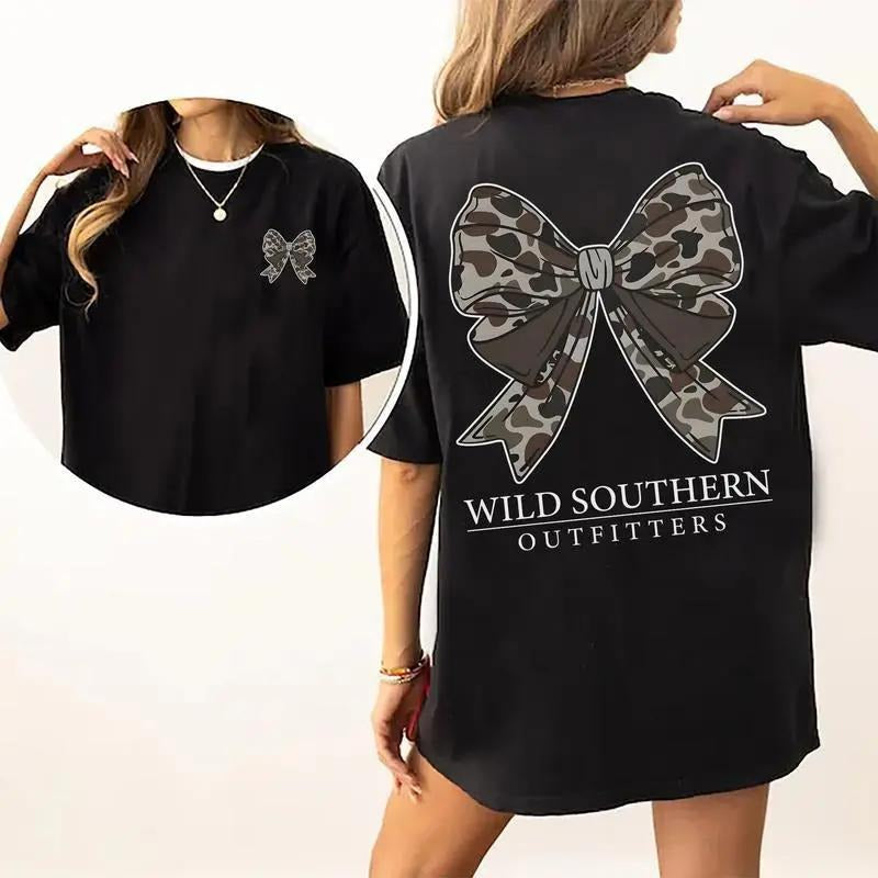 Retro Camo Bow Hunting Shirt, Southern Style Cotton Shirt for Women, Camo T-Shirt, Perfect for Casual Wear Hoodie, Sweatshirt