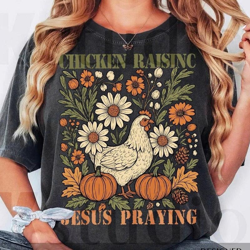 Retro Chicken Raising Jesus Praying Funny Fall Autumn Shirt, Fall Farm Girl Thanksgiving Gift, Christian Chickien Farm...