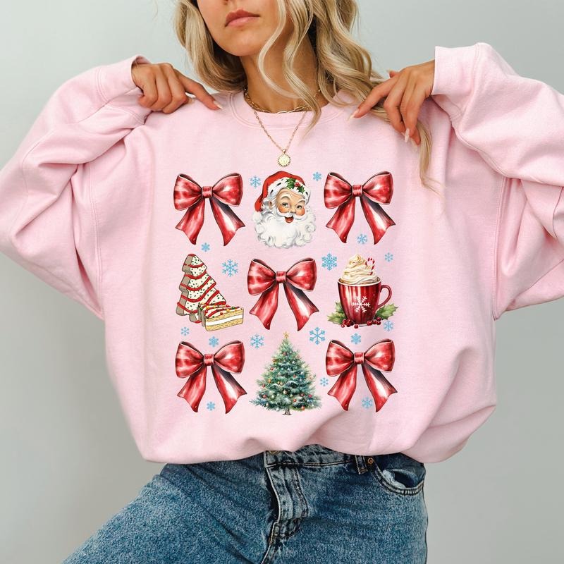 Retro Christmas Coquette Bow Sweatshirt, Santa Hot Cocoa Christmas Tree Cake Graphic Crewneck, Girly Holiday Sweaters,...