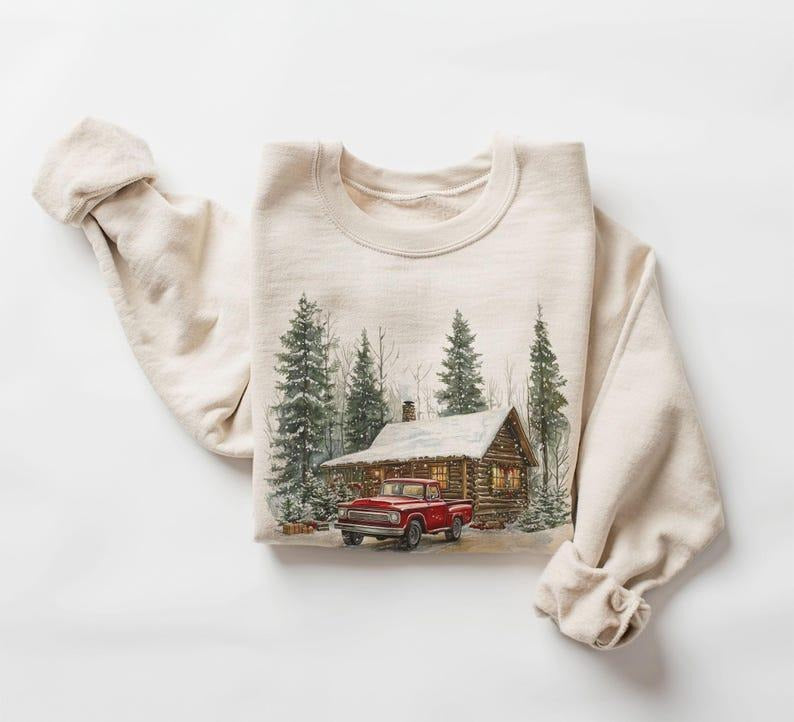 Retro Christmas Red Pickup Truck Winter Cabin Sweatshirt - 90s Mountain Pine Trees Snowy Day Outfit - Boho Unisex...