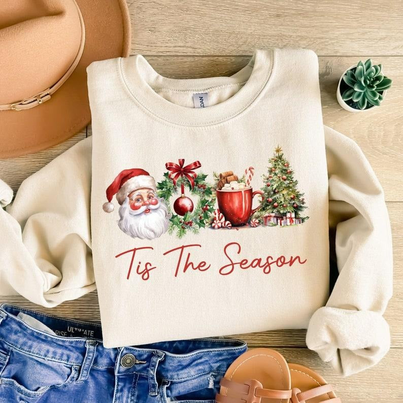 Retro Christmas Sweatshirt, Tis the Season Shirt,Santa Claus Watercolor Christmas vibes Sweatshirt Hoodie | PodTeesHub.com