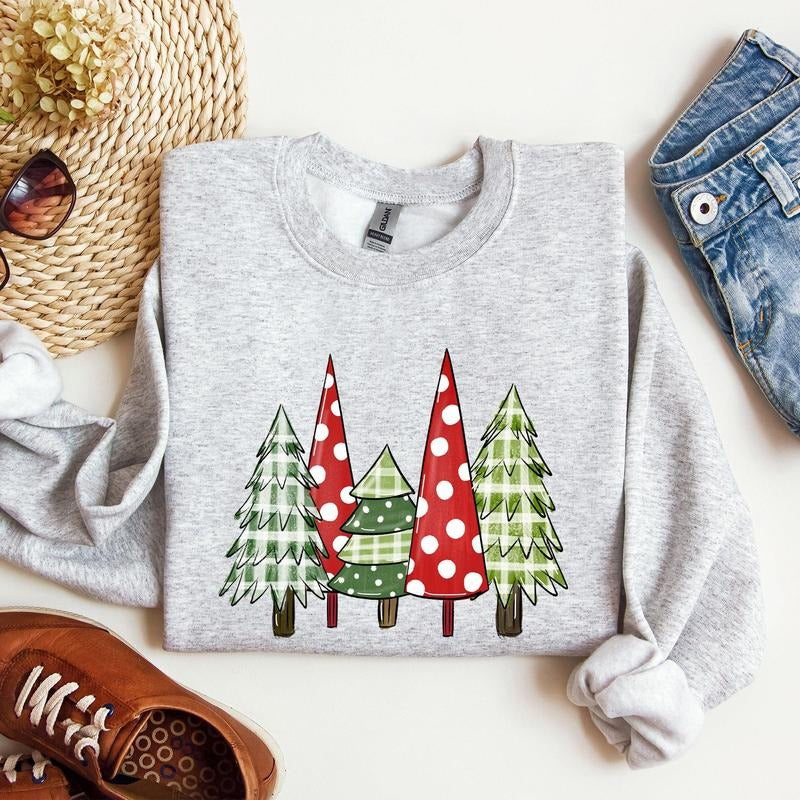 Retro Christmas Trees, Winter, Snow, Santa Sweatshirt, Women's Crew Neck, Crewneck T-Shirts, Hoodie | PodTeesHub.com