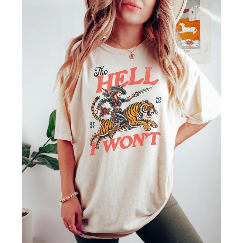 Retro Cowgirl Tiger Tshirt, The Hell I Won't Tshirt, Retro Rodeo, Country Western Tee, Unisex Short Sleeve Tee, Graphic...