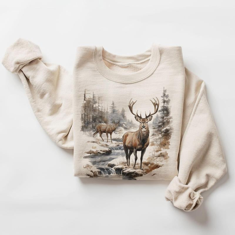 Retro Deer Wilderness Scene Sweatshirt, Vintage Buck And Doe Deer Outfit, Boho Unisex Crewneck Sweatshirt, Buck Season...