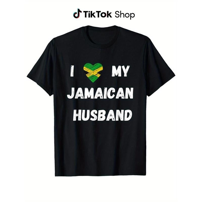 Retro Father's Day T-Shirt - "I Love My Jamaican Husband" Unisex Cotton Tee with Green & Yellow Heart Graphic, Casual...