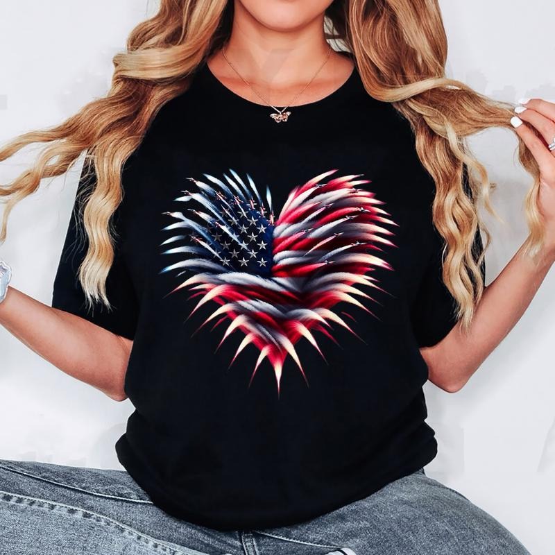 Retro Fighter Jet Airplane American Flag Heart 4th Of July T-Shirt, Perfect for Daily Wear, Summer Fashion Graphic Tee...