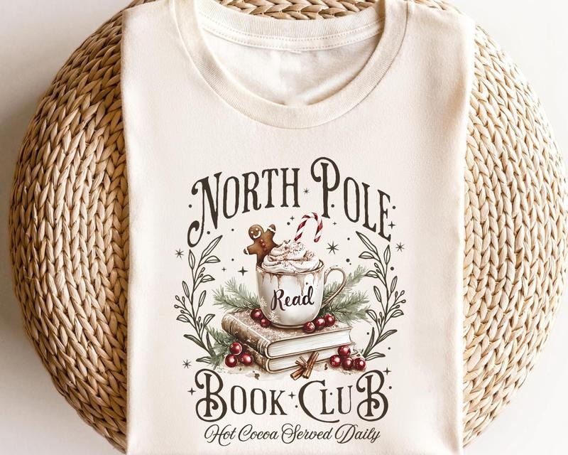Retro Funny North Pole Book Club T-Shirt, Christmas Book Lover Tee, Festive Bookish Graphic Top, Holiday Reading...