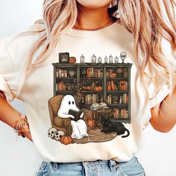 Retro Ghost Reading Books Shirt, Librarian Ghost Halloween,Halloween Teacher Shirt, Teacher Gift,Boo School Hoodie,...