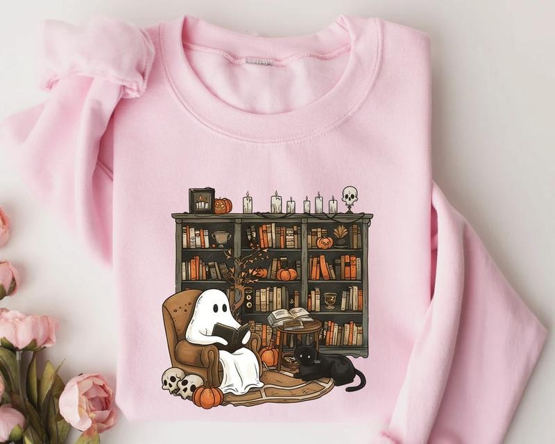 Retro Ghost Reading Books Sweatshirt, Librarian Ghost Halloween, Halloween Teacher Sweatshirt, Halloween Shirt, Teacher...