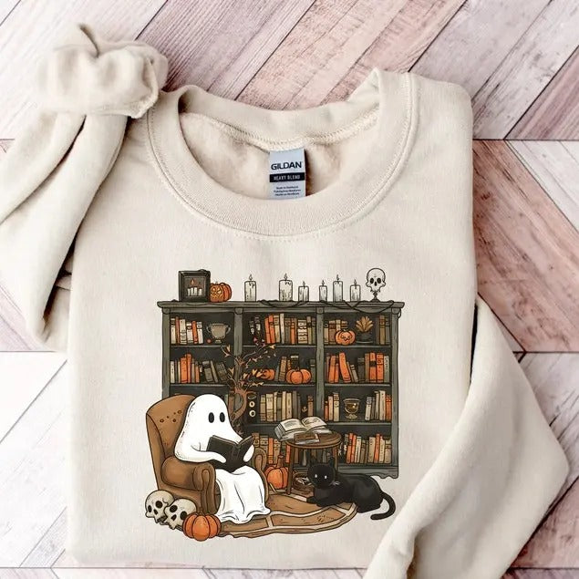 Retro Ghost Reading Books Sweatshirt, Librarian Ghost Halloween, Halloween Teacher Sweatshirt, Halloween Shirt, Teacher...