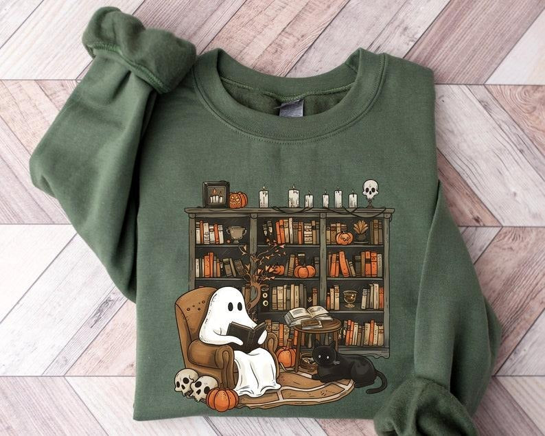 Retro Ghost Reading Books Sweatshirt, Librarian Ghost Halloween, Halloween Teacher Sweatshirt, Teacher Gift, Boo School...