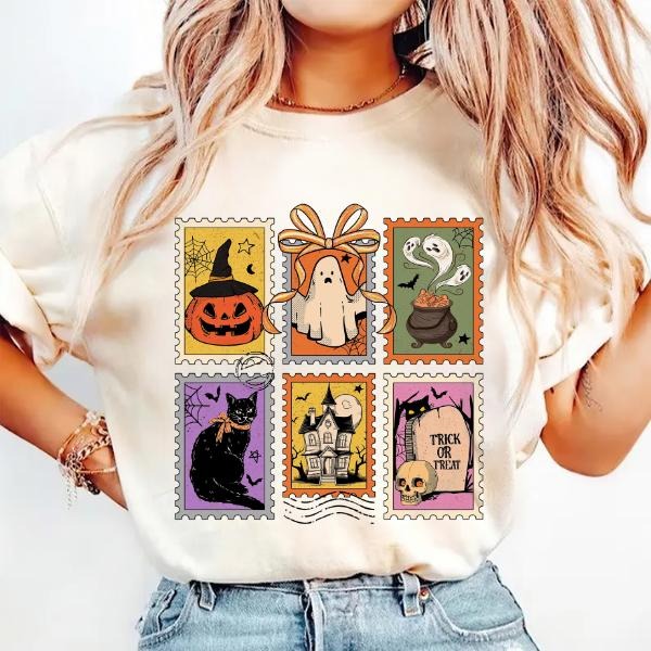 Retro Halloween Cat Ghost Shirt, Girly Halloween Fall T-Shirt, Halloween Spooky Season Pumpkin Mama Shirt Hoodie, Sweatshirt