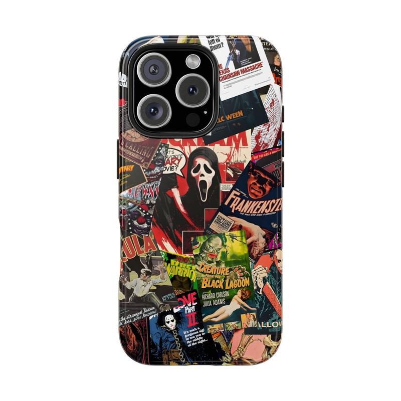 Retro Horror Halloween Phone Case, Ghostface & Frankenstein Art, Trendy Hard Phone Cover for iPhone 16 15 14 13 12 11...