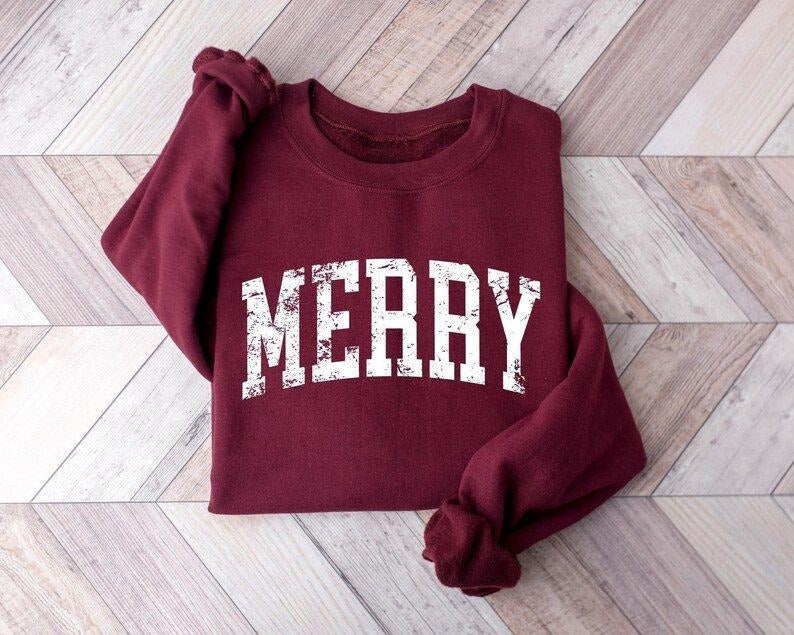 Retro Merry Sweatshirt, Womens Christmas hoodie, Festive Holiday Sweater, Cute Christmas Gift T-Shirts | PodTeesHub.com