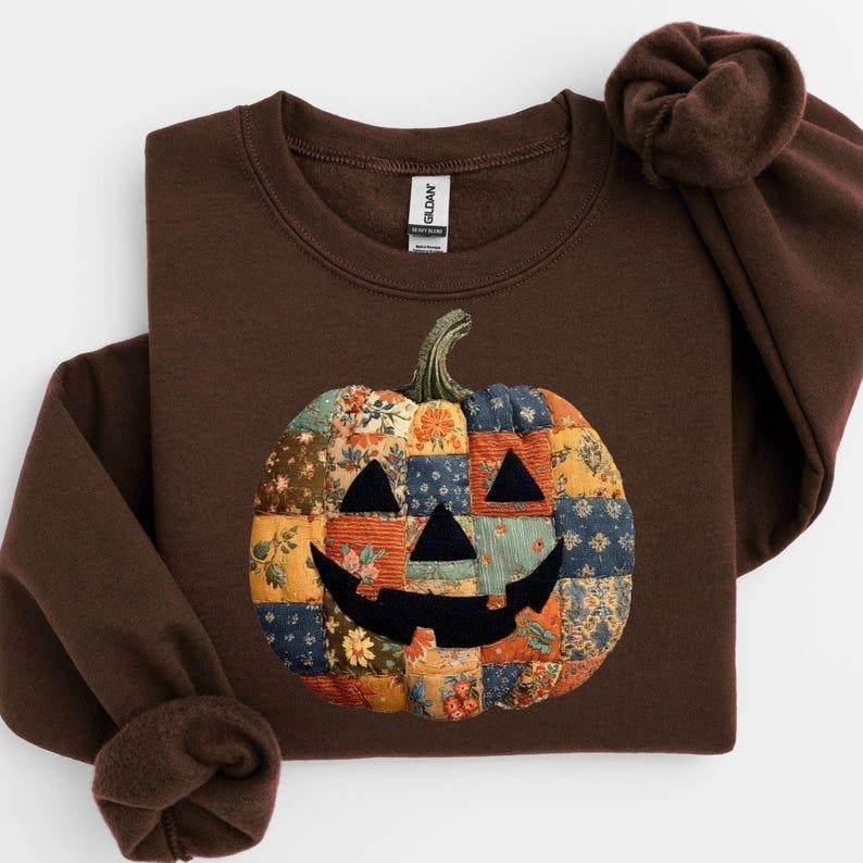 Retro Patchwork Halloween Pumpkin Sweatshirt, Halloween Pumpkin Spooky Season Shirt Hoodie | PodTeesHub.com