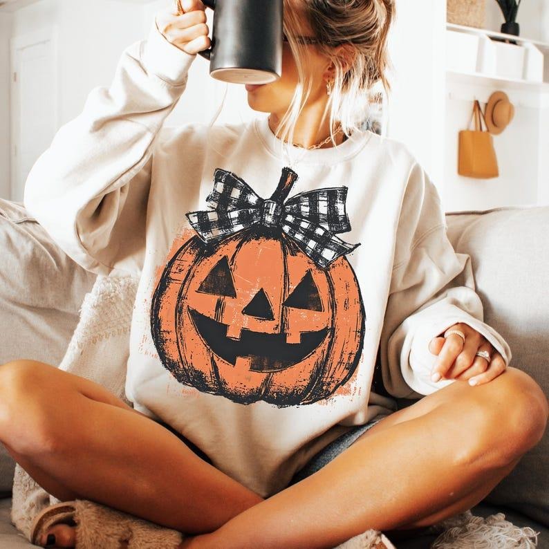 Retro Preppy Fall Pumpkin Sweatshirt, Halloween Gift, Girly Autumn Tee, Checkered bow For Men, For Women Hoodie