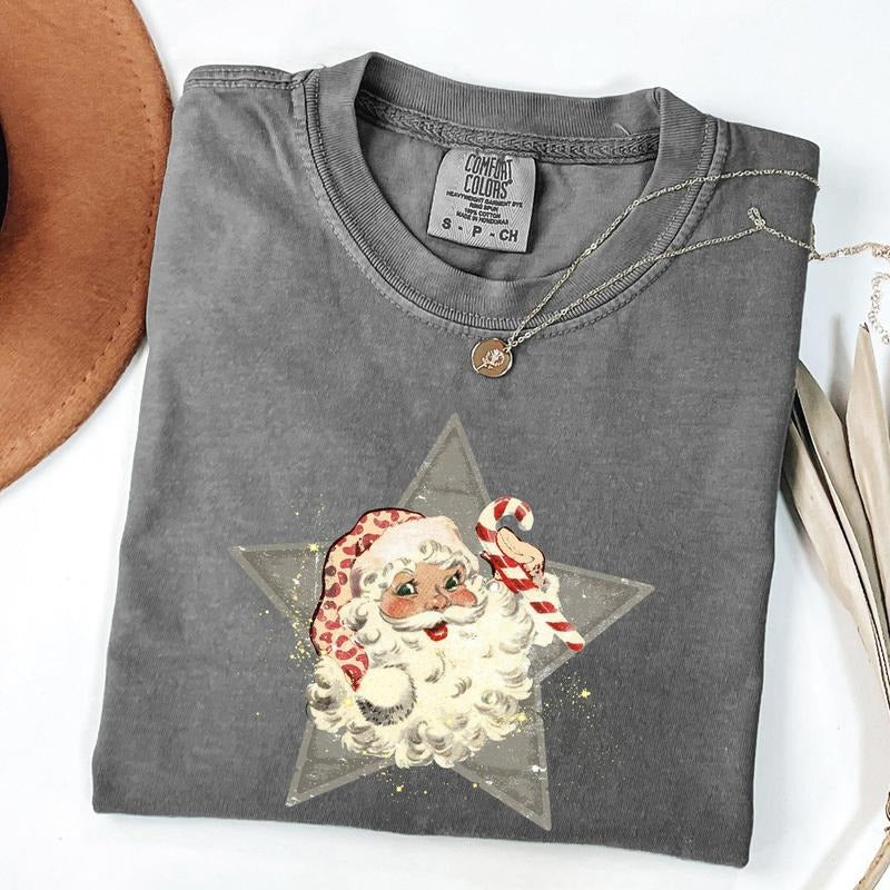 Retro Santa Green Star, Christmas, Winter, Xmas Tshirt, Christmas Comfort Colors Tshirt, Women's Graphic Tee, Xmas,...