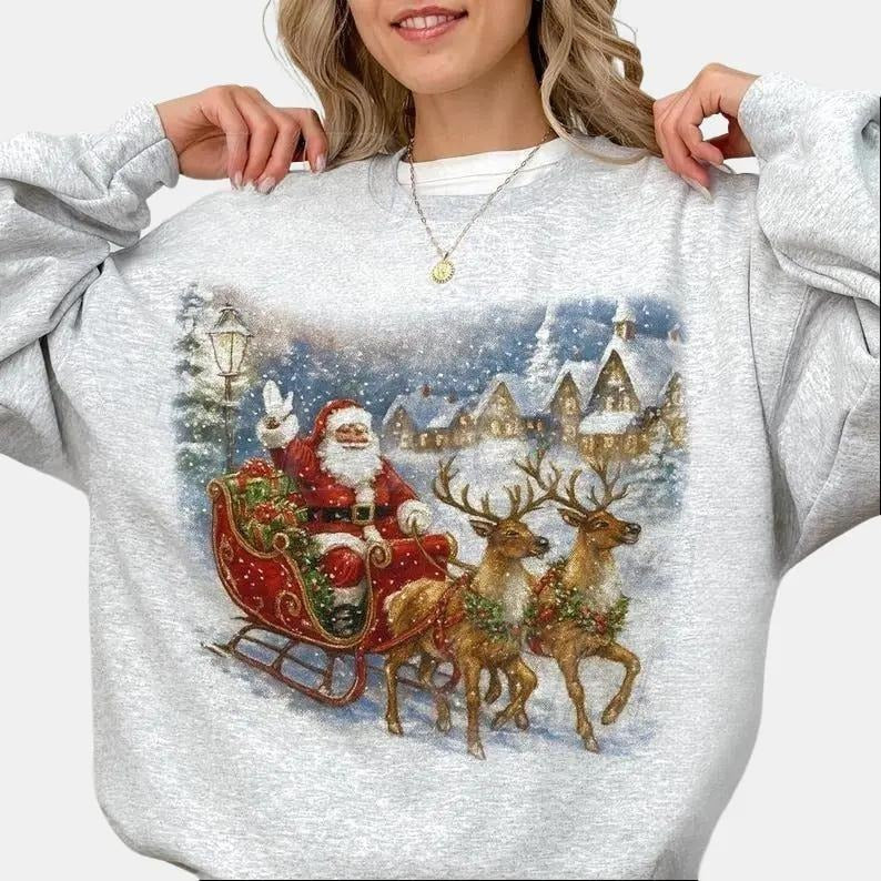 Retro Santa Sweatshirt, Vintage 90s Christmas Sweatshirt, Rustic Holiday Pullover, Cozy Winter Shirt, Santa Sleigh...