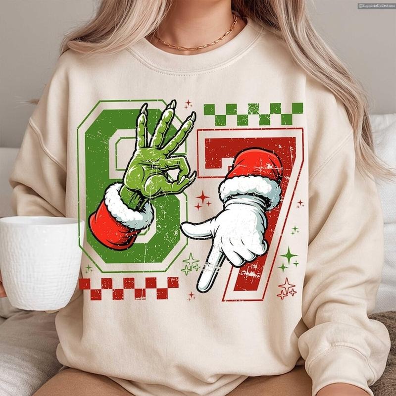 Retro Six Seven Viral Meme Merry Christmas Sweater, Funny Green Santa Hoodie, Checkered Xmas 6 7, Noel Movie 67 T-Shirt ,...
