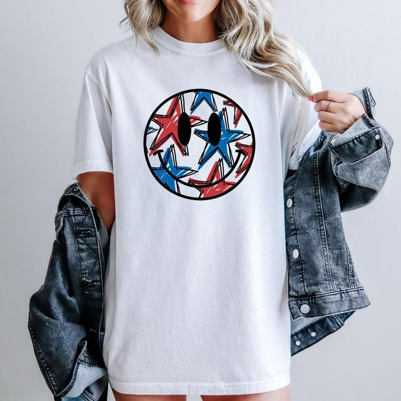 Retro Smiley, Patriotic, USA, America, 4th of July Tshirt, Women's Comfort Colors Tee Hoodie, Sweatshirt | PodTeesHub.com