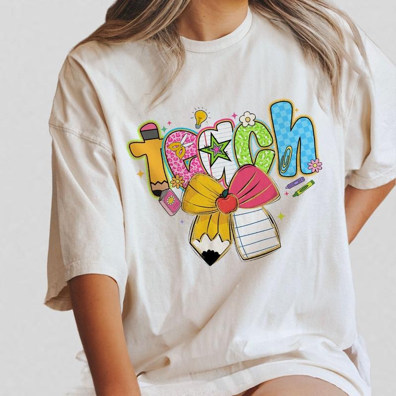 Retro TEACH Teacher Shirt, Bow Graphic Back to School Tee, Groovy Teacher Appreciation Gifts, Teacher Life Coquette Shirt...