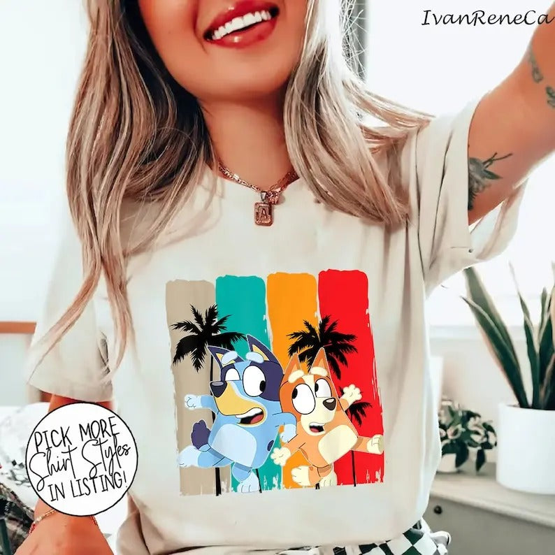Retro Vintage Bluye Beach Shirt, Hello Summer Shirt, Bluye Shirt, Bluye And Friends Shirt, Vacation Shirt, Kids Holiday...