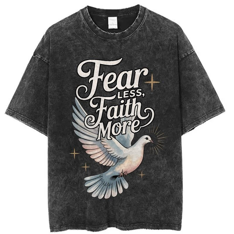 Retro Vintage Style Fear Less Faith More Wash Tee, Christian Graphic Shirt with Dove, Religious Inspirational Shirt,...