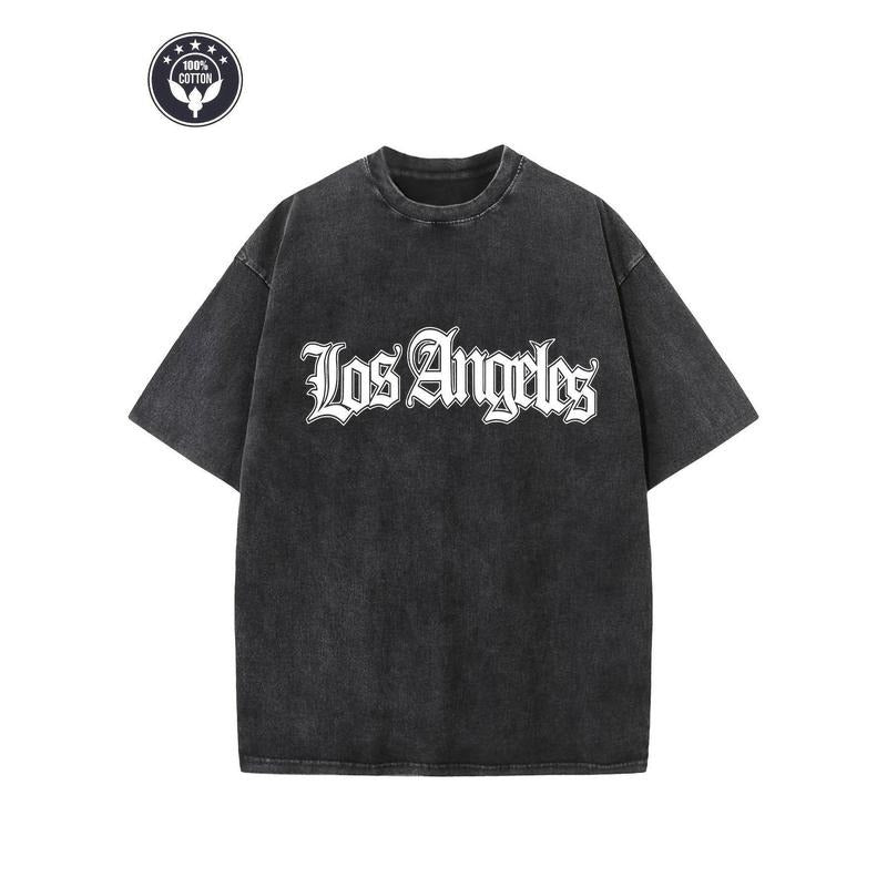 Retro Washed T-Shirt 230G, "Los Angeles" Creative Pattern Printing, Heavy 230G Cotton Oversize Shoulder T-Shirt, Washed...