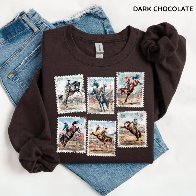Rodeo Sweatshirt, Bucking Horse Western Cowboy Crewneck, Vintage Rodeo Stamp Sweater, Country Cowgirl Sweatshirt, Rustic...