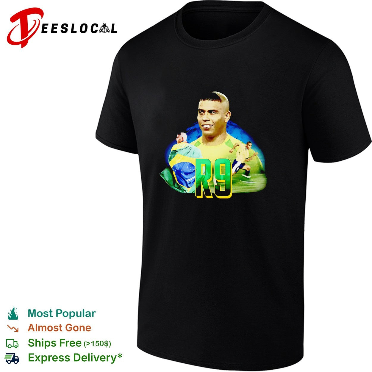 Ronaldo R9 Brazil wearing flag and running collage shirt
