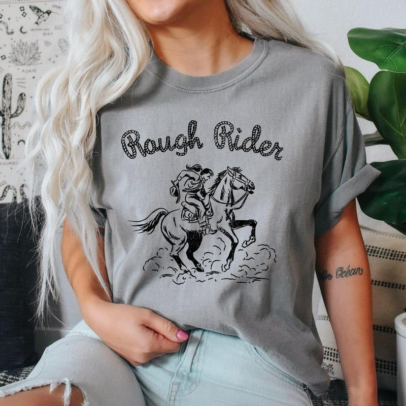 Rough Rider, Rodeo, Cowgirl, Horse, Bronco, Cowboy Tshirt, Women's Crew Neck, Crewneck Hoodie, Sweatshirt | PodTeesHub.com