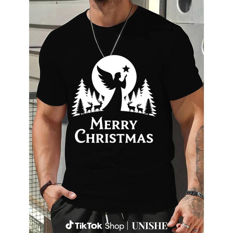Round Neck 180g Cotton Tee Featuring Festive Holiday Angel and Snowy Elk Print Hoodie, Sweatshirt | PodTeesHub.com