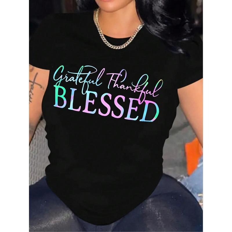 Rovax Slogan Graphic Tee Grateful Thankful Graphic Tees Women Tops Hoodie, Sweatshirt | PodTeesHub.com
