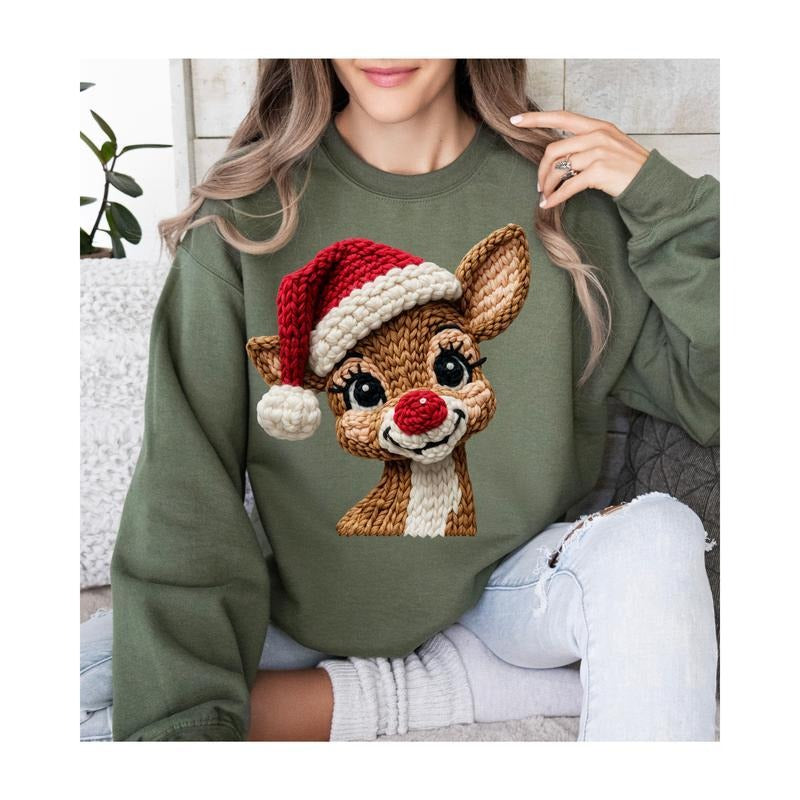 Rudolph Reindeer Christmas Sweatshirt, Cute Knit Texture Deer Holiday Shirt , Christmas Shirt, Red Nose Reindeer...