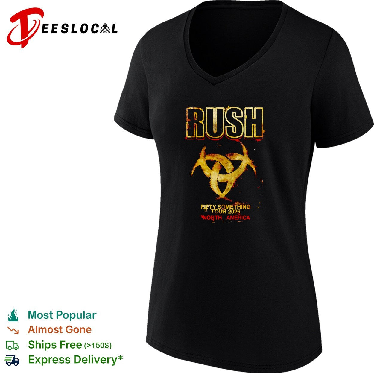 Rush Fifty Something Tour 2026 North America gold logo print graphic cotton shirt